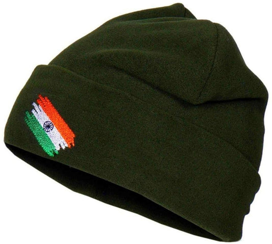 India National Flag Logo Olive Green OG Woolen Winter Unisex Army Military Cap Commando Soldiers Warm Topa