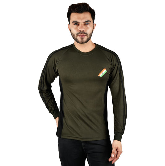 COMMANDO Tiranga Logo Round Neck OG Olive Green T Shirt Full Sleeve Army Military Defence