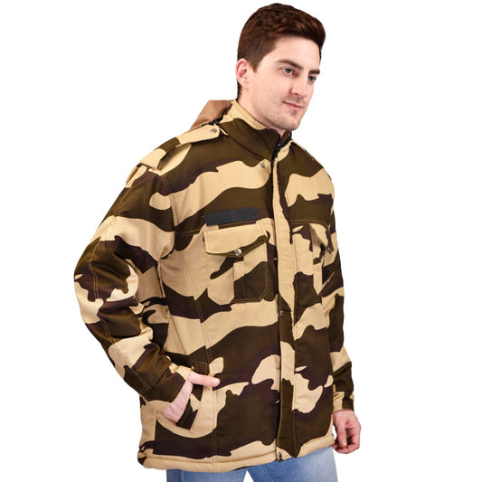 CISF Unisex Windproof Parachute Jacket Camouflage Khaki Both Side Quilted Full Sleeves Hooded Neck Army Military Defence