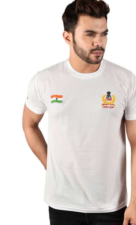 CISF Indian National Flag Tiranga Logo Round Neck White T-Shirt Half Sleeve Army Military Defence