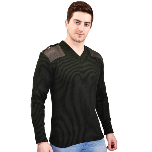 Raymond Indian Army Patch Style Dark Olive Green Color Uniform Stretchable Woolen Full sleeves Unisex V-Neck Pullover Jersey Sweater Sweatshirt Army Military Defence Police